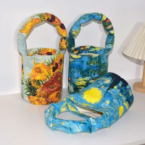 Vintage Van Gogh Art Print Padded Shoulder Bucket Bag Small Handbag Crossbody Tote Bag For Women