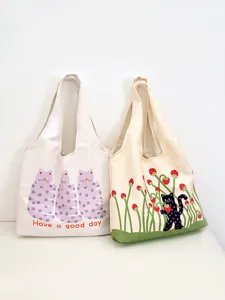 Cute polka dot cat canvas tote bag large capacity casual shoulder bag for women and students