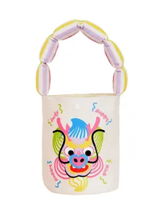 Cute cartoon canvas bucket bag with colorful puffy striped handle for women and kids.