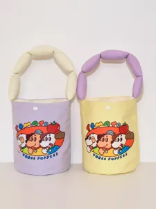 Canvas bucket bag with cute cartoon dog print and puffy handle for women and kids.