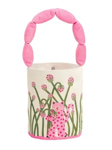 Cute canvas bucket bag with pink polka dot cat and strawberry pattern, padded handle main image.