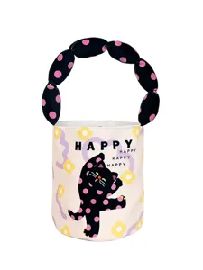 Canvas bucket bag with cute puffy polka dot handle and black cat print, casual daily handbag.
