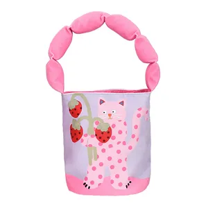 Cute cartoon cat print bucket bag with padded handle, trendy style casual handbag for women.