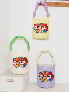 Cute cartoon canvas bucket bag with puffy handles, large capacity handbag for women and kids.