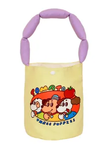 Canvas bucket bag with cute cartoon puppy print and purple puffy handles for women and kids.