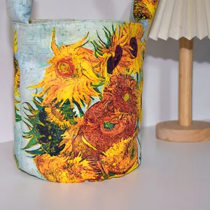 Van Gogh Sunflowers retro cotton padded strap bucket bag small handbag crossbody tote.