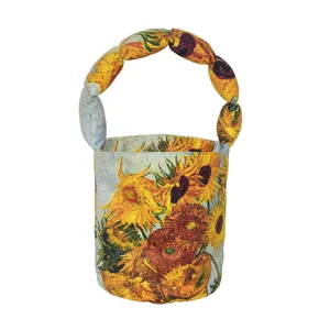 Van Gogh sunflowers printed bucket bag with padded twisted handle retro art style handbag.