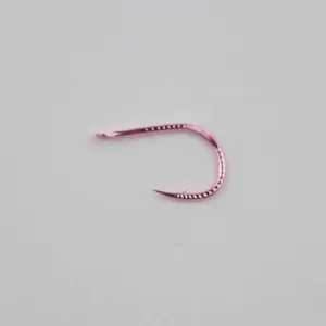 Close-up detail of a vibrant pink fishing hook with barb, metallic finish for freshwater angling.