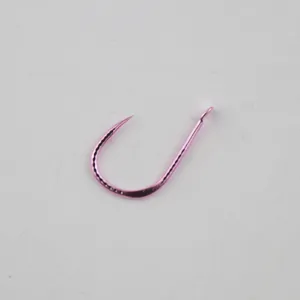 Pink barbed fishing hook detail view, metal forged design for freshwater carp and crucian fishing.