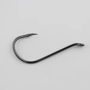 Close-up detail view of a sharp black barbed octopus fishing hook, ideal for sea fishing.