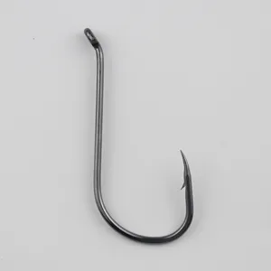 Detailed close-up view of a strong metal fishing hook with barbed point and ringed eye.