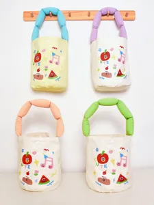 Women Canvas Bucket Bag Cute Cartoon Fruit Print Handbag Casual Small Tote Bag Daily Matching Shopping Bag