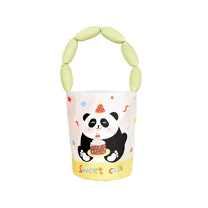 Cute Panda Canvas Bucket Bag with Padded Green Strap Sweet Cake Shoulder Handbag