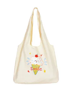 Beige canvas tote bag for women large capacity casual shoulder bag cute ice cream print