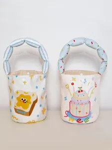 Canvas bucket bag cute toast cake print puffy handle casual handbag shopping bag