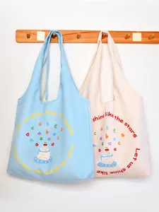 Large Capacity Canvas Tote Bag For Women Casual Cute Cake Letter Print Shoulder Bag Aesthetic Daily Commuter Handbag