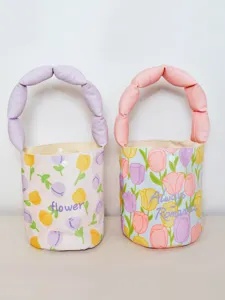 Tulip canvas bucket bag, cute floral print tote with cloud handle, stylish women handbag.