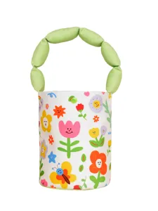 Cute floral canvas bucket bag with padded green bubble handle, casual cartoon handbag for women.