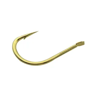 Gold fishing hook with barbed point and flat head design, durable metal fishing tackle accessory.