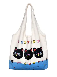 Canvas tote bag for women, large capacity casual shoulder bag with cute cat print design.