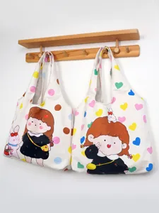 Casual canvas tote bag for women with cute cartoon print, large capacity for daily use.