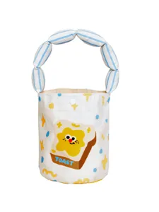 Canvas bucket bag with cute toast print, blue-white striped bubble handle, casual style.