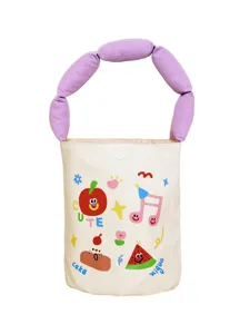 2025 new canvas bucket bag with cute doodle prints and stylish purple puffy handle for women