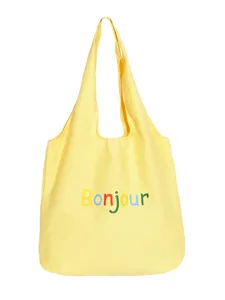 Sac cabas en toile jaune pour femme, grand sac porté épaule avec imprimé Bonjour coloré.