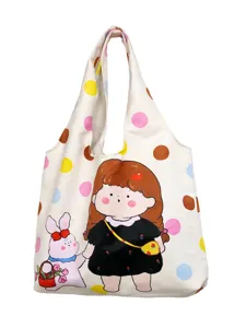 Canvas tote bag casual shoulder bag with cute cartoon girl and rabbit print for women daily use