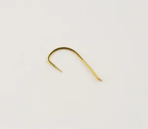 Golden fishing hook detail close-up shot showing thin wire design and sharp hook point.