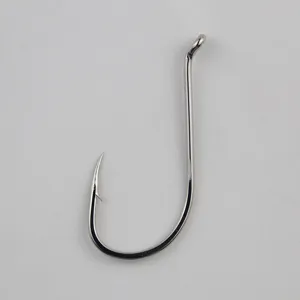 Detailed close-up shot of a silver barbed fishing hook with curved shank design.
