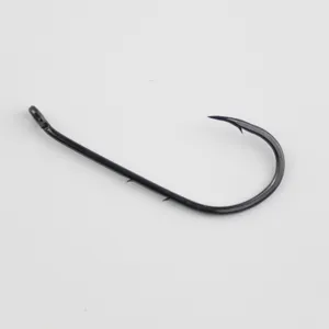 Single black fishing hook detail showing the dual barbs and curved shank design.