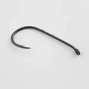 Close-up of black barbed fishing hook detail, eyed curved shank saltwater fishing tackle gear