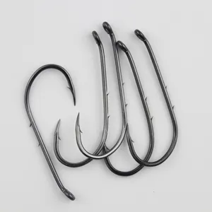 Durable carbon steel fishing hooks with sharp barbs and sturdy eyelets for saltwater fishing.