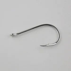Stainless steel ring eye fishing hook detail showing sharp barbed design and offset hook point.
