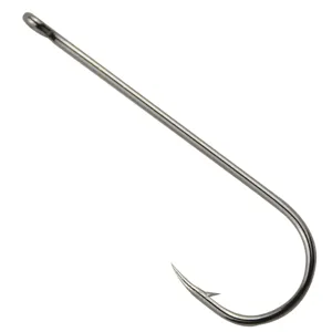 Long shank fishing hook with eye, saltwater fishing tackle, sharp barb design, durable metal bait hook.