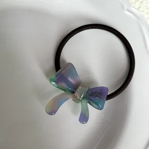 Exquisite acetate small bow hair tie, colorful gradient pony tail holder, elegant hair accessory.