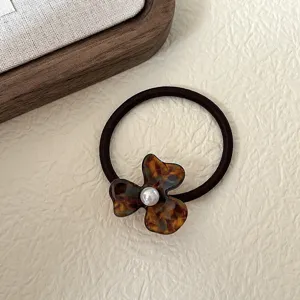 French vintage acetate flower hair tie elegant rubber hair band with white faux pearl decoration