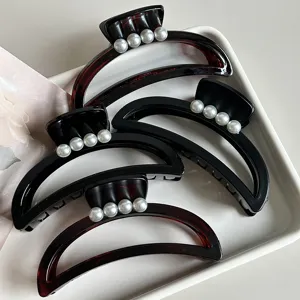 Minimalist crescent hair claw with faux pearls elegant shark clip for daily styling