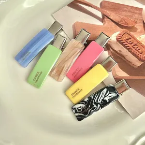 Candy color acetate hair clips set, stylish side hairpins and bangs clips for women and girls detail shot.