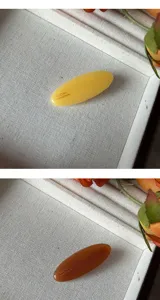 Primo piano dettagliato di fermagli per capelli ovali minimalisti in resina bicolore.
