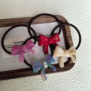 Korean style acetate bow hair tie set, elegant glossy hair scrunchy for daily styling.