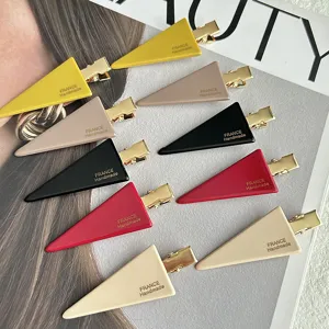 Close up of colorful triangle hair clips set, metallic alligator side clips for style.