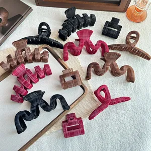 Korean Plaid Velvet Hair Claw Women Geometric Shark Clip Elegant Hair Styling Accessory