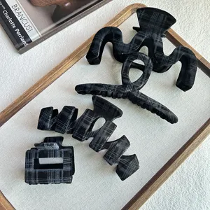 Korean plaid velvet hair claw clips, elegant black retro geometric shark clips for women.