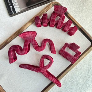 Korean style plaid velvet hair claw clips, elegant red aesthetic hair accessories for women.