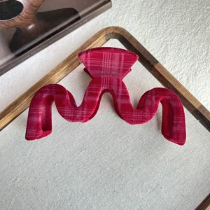 Korean style plaid velvet hair claw clip elegant retro red hair accessories for women daily wear