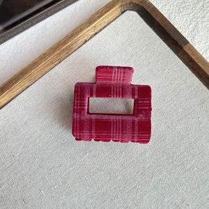 Korean velvet hair claw clip for women, stylish red plaid design for elegant updo hairstyles.