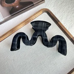 Korean velvet plaid hair claw clip, chic wave design shark clip for women elegant ponytail styling.
