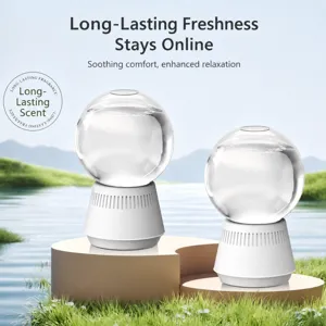 Close-up detail of the inverted aroma diffuser with clear sphere and sleek base for fresh air.